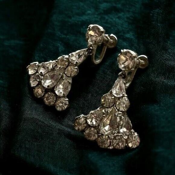Vintage Signed Czech Rhinestone Fan Earrings Dangle Teardrop Flared Screw Back - Picture 2 of 6